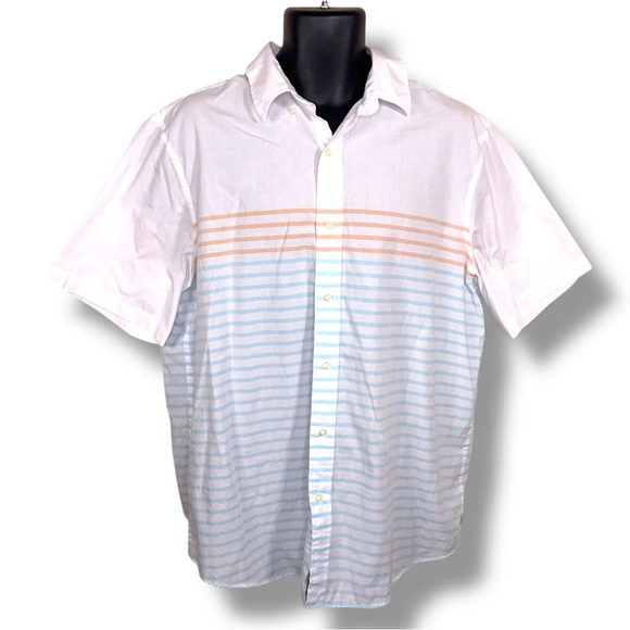 XL Chaps Cotton Short Sleeve Button Front Shirt White Blue Orange Mens - Picture 1 of 14